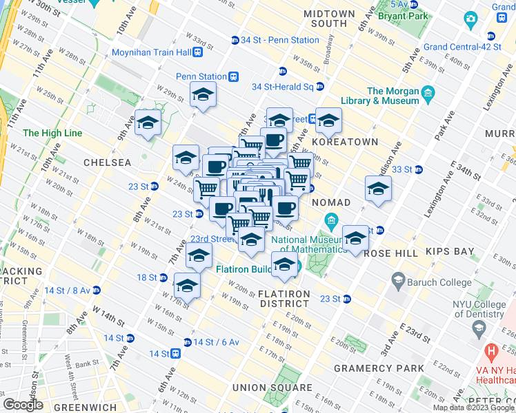 map of restaurants, bars, coffee shops, grocery stores, and more near 757 West 25th Street in New York
