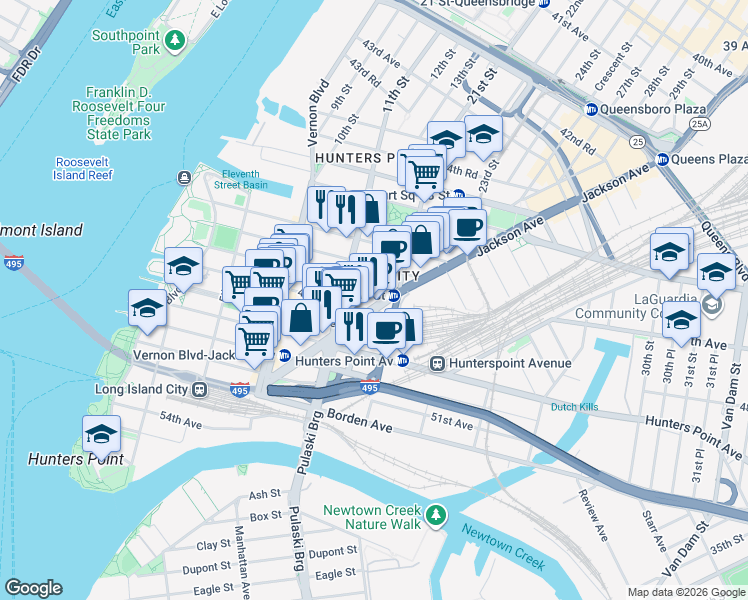 map of restaurants, bars, coffee shops, grocery stores, and more near 13-11 Jackson Avenue in Queens