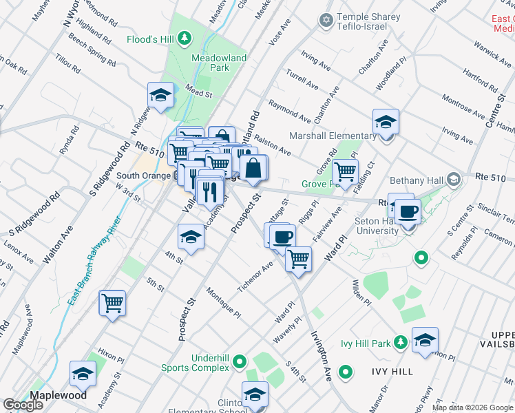 map of restaurants, bars, coffee shops, grocery stores, and more near 18 Prospect Street in South Orange
