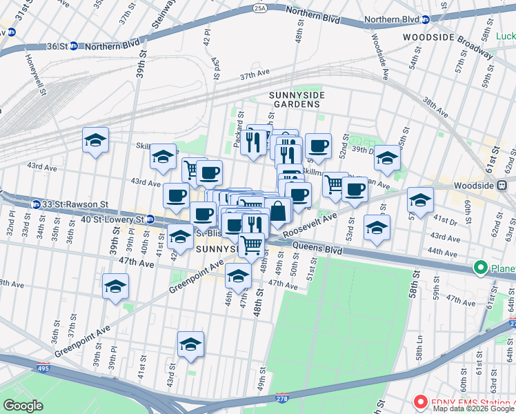 map of restaurants, bars, coffee shops, grocery stores, and more near 47-12 43rd Avenue in Queens