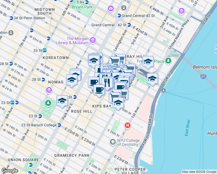 map of restaurants, bars, coffee shops, grocery stores, and more near 3rd Avenue in New York