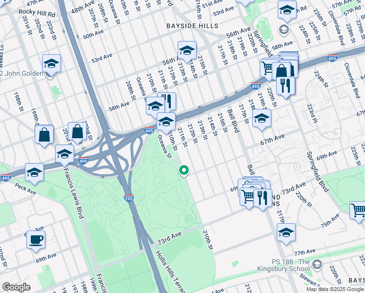 map of restaurants, bars, coffee shops, grocery stores, and more near 210-14 64th Avenue in Queens