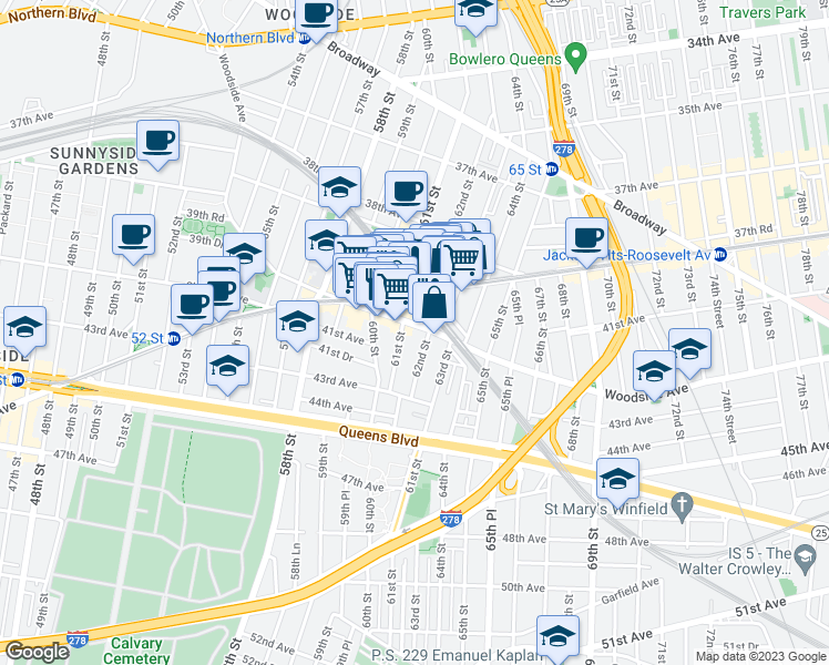 map of restaurants, bars, coffee shops, grocery stores, and more near 61-04 Woodside Avenue in Queens