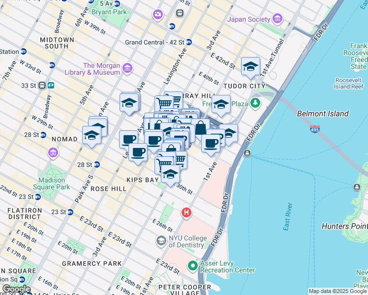 map of restaurants, bars, coffee shops, grocery stores, and more near 609 2nd Avenue in New York