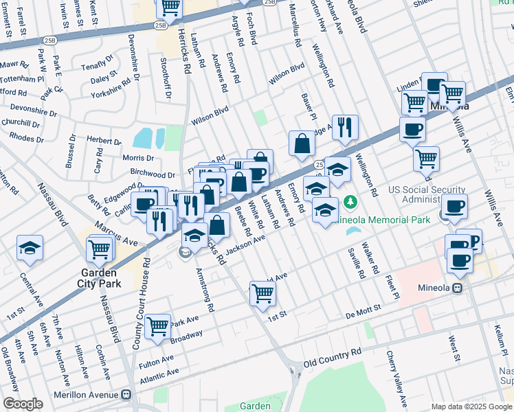 map of restaurants, bars, coffee shops, grocery stores, and more near 258 White Road in Mineola