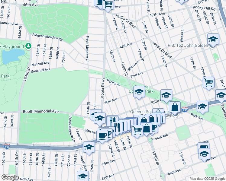 map of restaurants, bars, coffee shops, grocery stores, and more near 50-17 185th Street in Queens