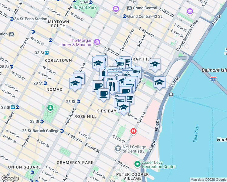 map of restaurants, bars, coffee shops, grocery stores, and more near 3rd Ave & E 32nd St in New York
