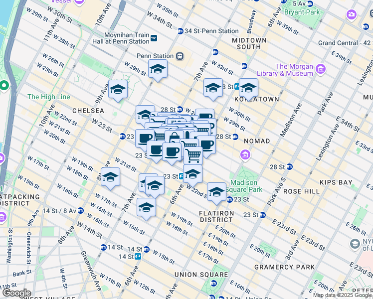 map of restaurants, bars, coffee shops, grocery stores, and more near 131 West 24th Street in New York