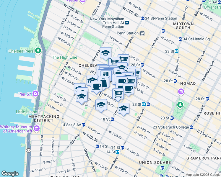 map of restaurants, bars, coffee shops, grocery stores, and more near 240 West 22nd Street in New York