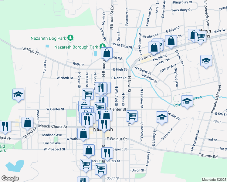 map of restaurants, bars, coffee shops, grocery stores, and more near 122 North Whitfield Street in Nazareth