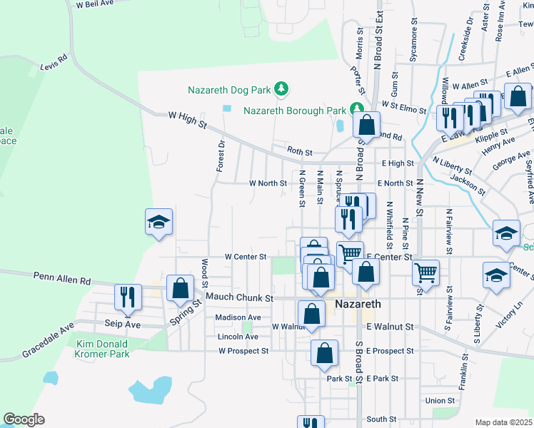 map of restaurants, bars, coffee shops, grocery stores, and more near 121 West North Street in Nazareth