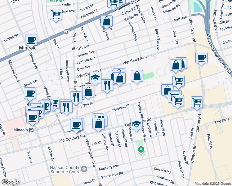 map of restaurants, bars, coffee shops, grocery stores, and more near 140 East 2nd Street in Mineola
