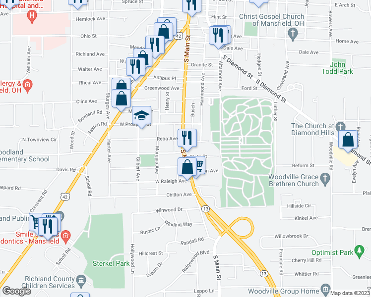 map of restaurants, bars, coffee shops, grocery stores, and more near 511 South Main Street in Mansfield