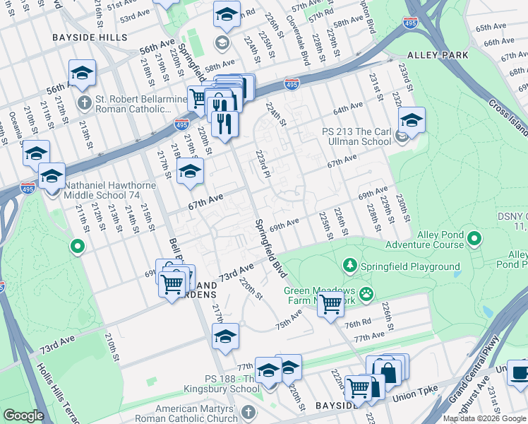 map of restaurants, bars, coffee shops, grocery stores, and more near 6809 Springfield Boulevard in Queens