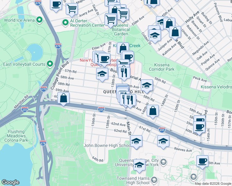 map of restaurants, bars, coffee shops, grocery stores, and more near 138-14 58th Road in Queens