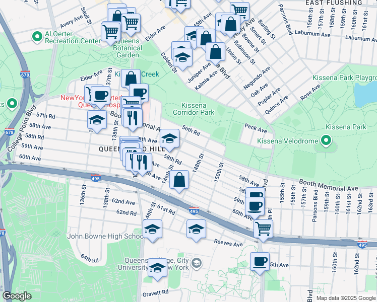 map of restaurants, bars, coffee shops, grocery stores, and more near 146-17 58th Avenue in Queens
