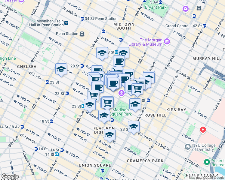 map of restaurants, bars, coffee shops, grocery stores, and more near 1155-1157 Broadway in New York
