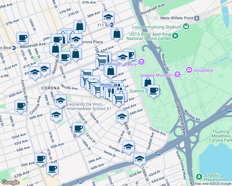 map of restaurants, bars, coffee shops, grocery stores, and more near in Queens