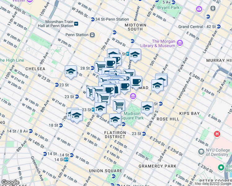 map of restaurants, bars, coffee shops, grocery stores, and more near 37w West 26th Street in New York