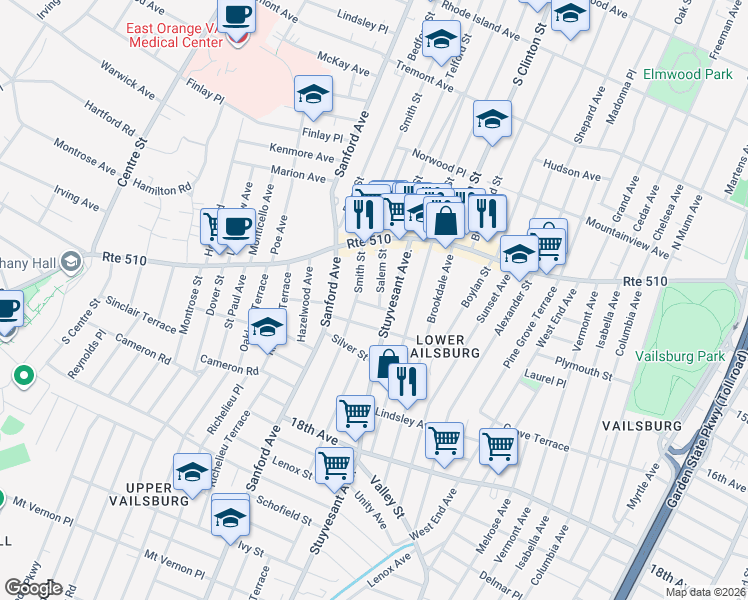 map of restaurants, bars, coffee shops, grocery stores, and more near 17 Rockland Terrace in Newark