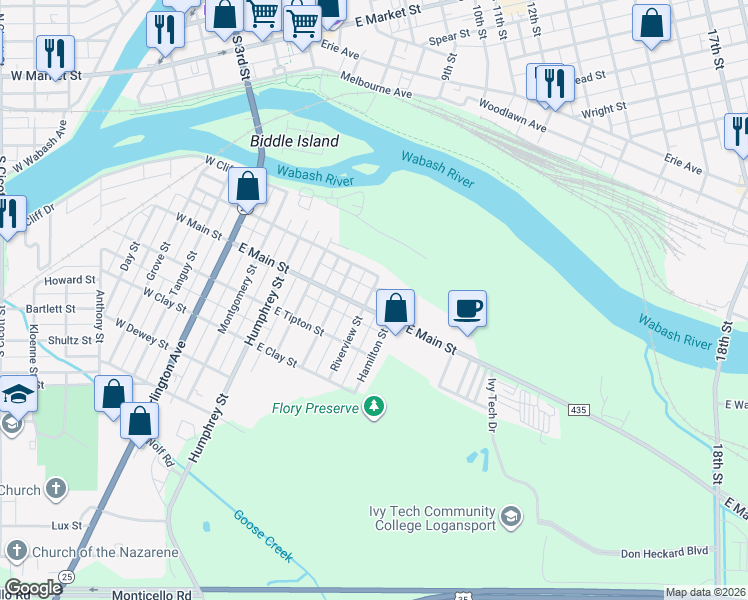 map of restaurants, bars, coffee shops, grocery stores, and more near 510 East Main Street in Logansport