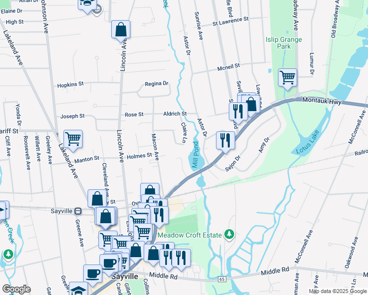 map of restaurants, bars, coffee shops, grocery stores, and more near 27 Claire Lane in Sayville