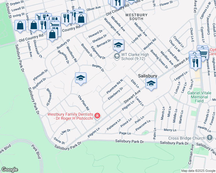 map of restaurants, bars, coffee shops, grocery stores, and more near 956 Plum Tree Road East in Westbury