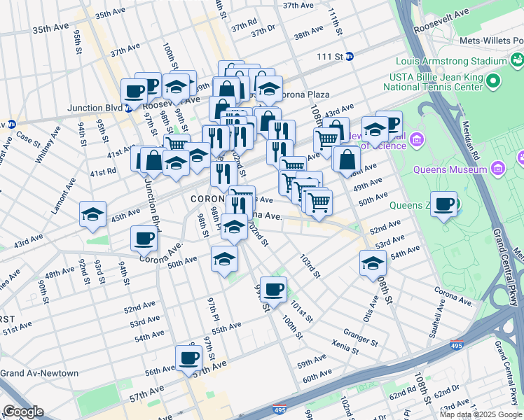 map of restaurants, bars, coffee shops, grocery stores, and more near 47-15 102nd Street in Queens
