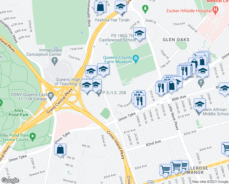 map of restaurants, bars, coffee shops, grocery stores, and more near 245-43 76th Avenue in Queens