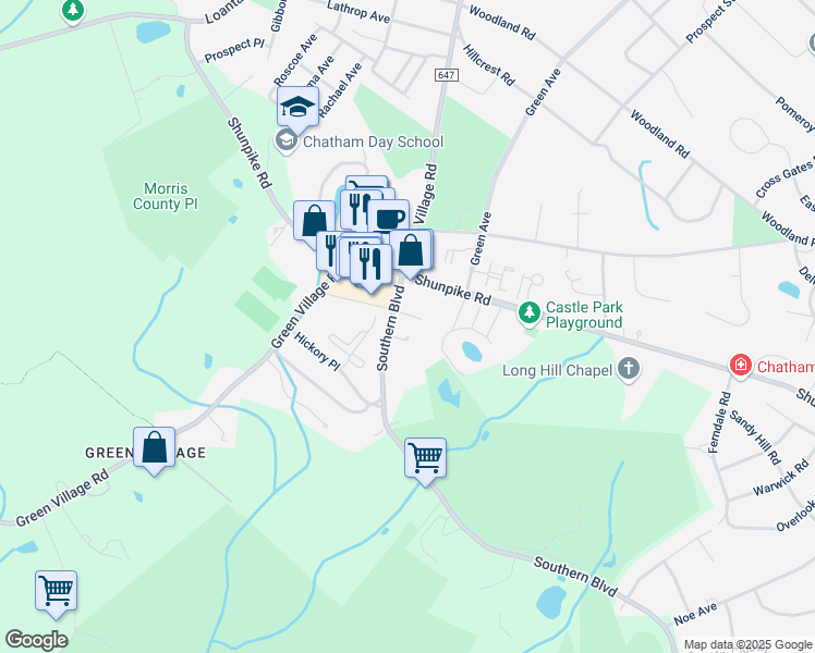 map of restaurants, bars, coffee shops, grocery stores, and more near 500 Southern Boulevard in Chatham Township