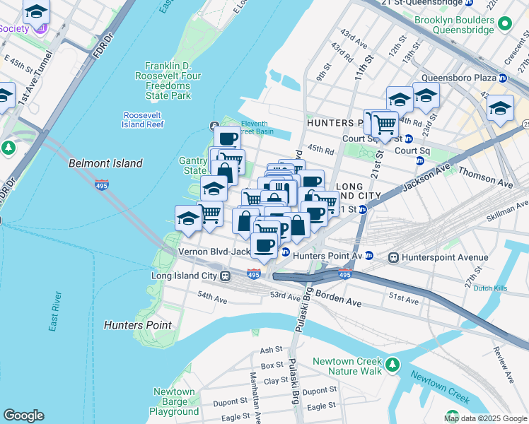 map of restaurants, bars, coffee shops, grocery stores, and more near 4812 Vernon Boulevard in Queens
