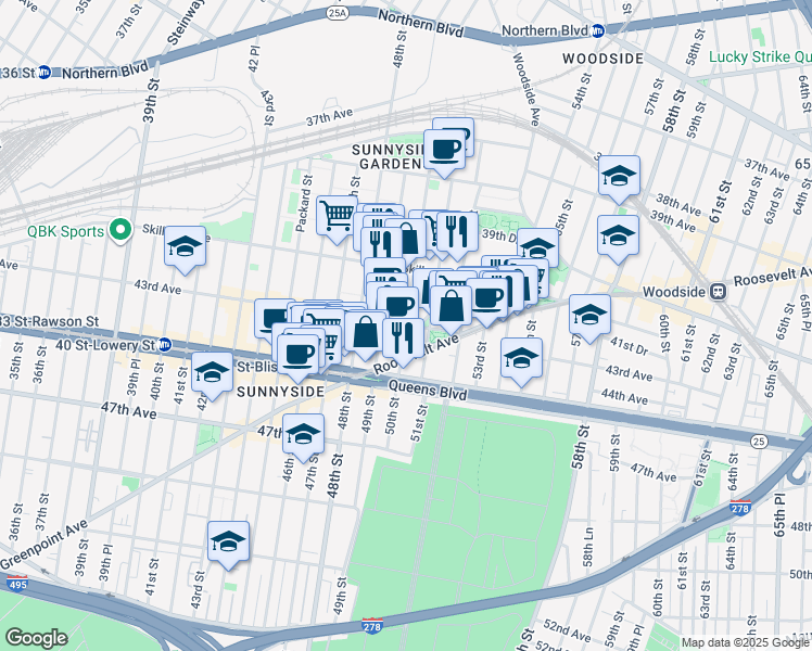 map of restaurants, bars, coffee shops, grocery stores, and more near 50-05 43rd Avenue in Queens