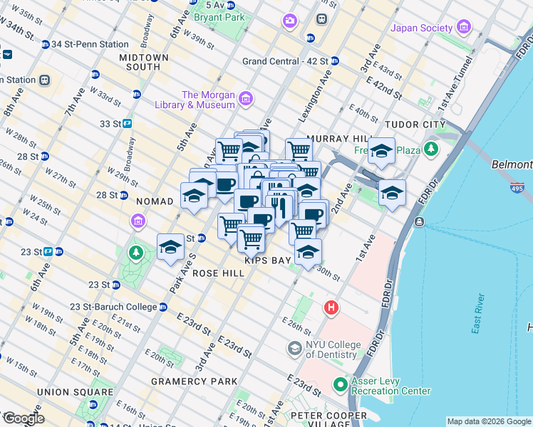 map of restaurants, bars, coffee shops, grocery stores, and more near in New York