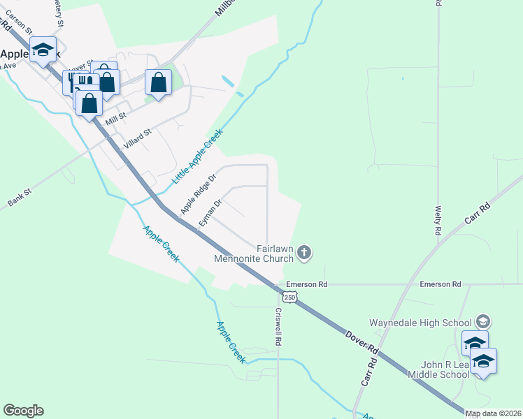 map of restaurants, bars, coffee shops, grocery stores, and more near 377 Spring Run Dr in Apple Creek