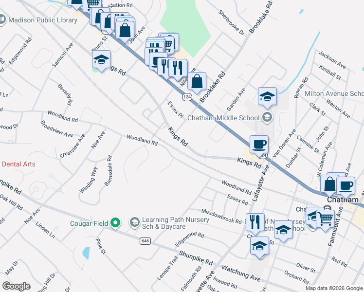 map of restaurants, bars, coffee shops, grocery stores, and more near 85 Kings Road in Chatham