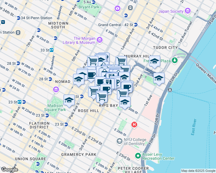 map of restaurants, bars, coffee shops, grocery stores, and more near 155 East 31st Street in New York