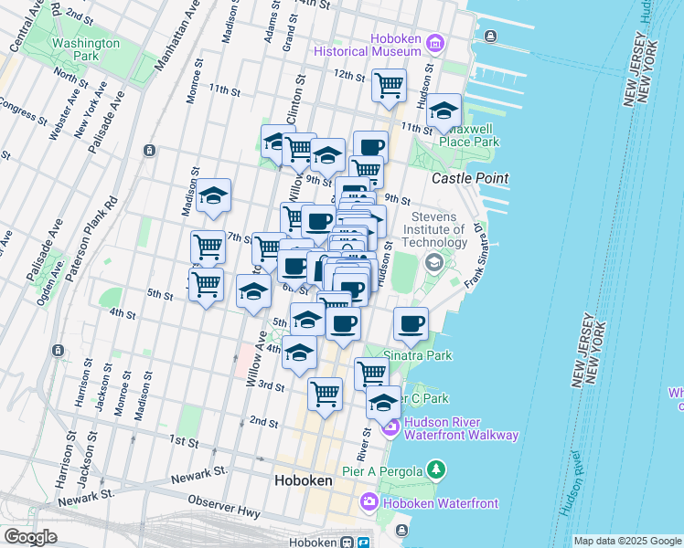 map of restaurants, bars, coffee shops, grocery stores, and more near 631 Bloomfield Street in Hoboken