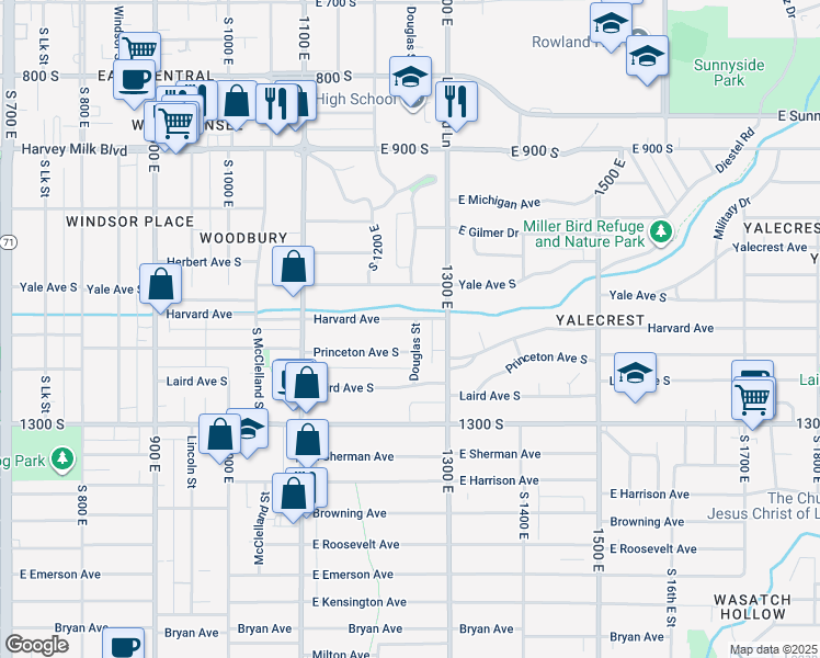map of restaurants, bars, coffee shops, grocery stores, and more near 1121 Douglas Street in Salt Lake City