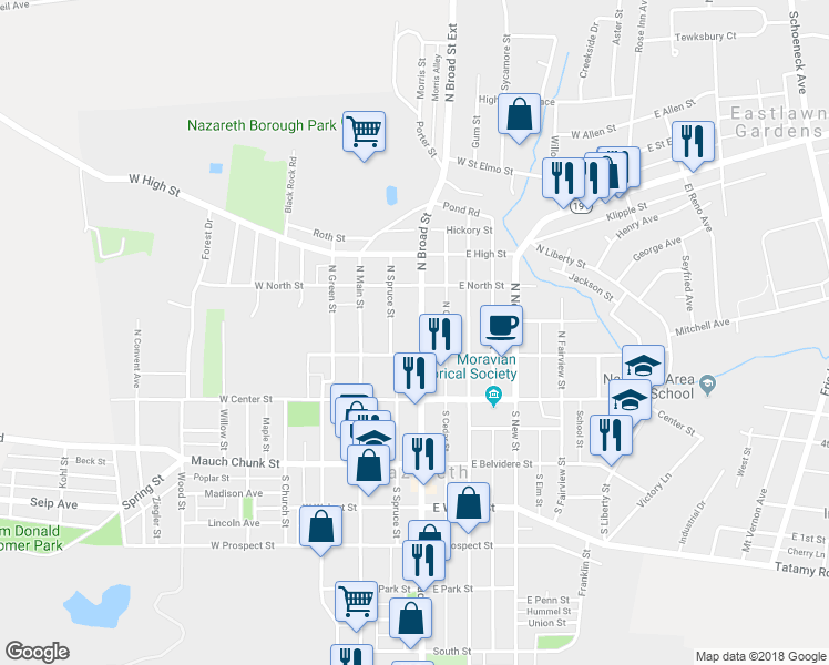 map of restaurants, bars, coffee shops, grocery stores, and more near 127 North Broad Street in Nazareth