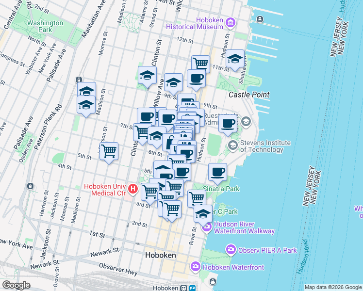 map of restaurants, bars, coffee shops, grocery stores, and more near 631 Bloomfield Street in Hoboken