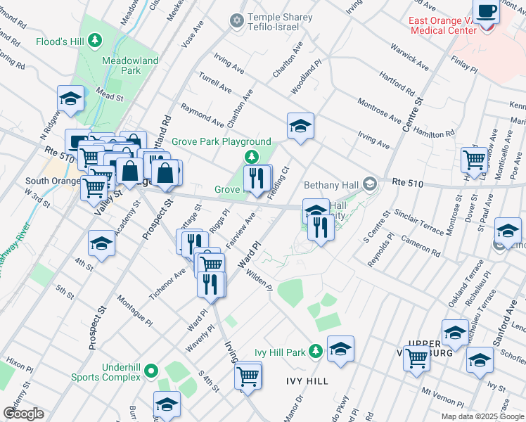 map of restaurants, bars, coffee shops, grocery stores, and more near 10 Fairview Avenue in South Orange
