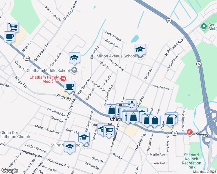 map of restaurants, bars, coffee shops, grocery stores, and more near 47 Coleman Avenue in Chatham