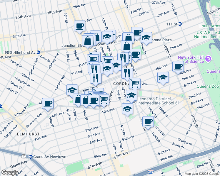 map of restaurants, bars, coffee shops, grocery stores, and more near 45-22 97th Place in Queens