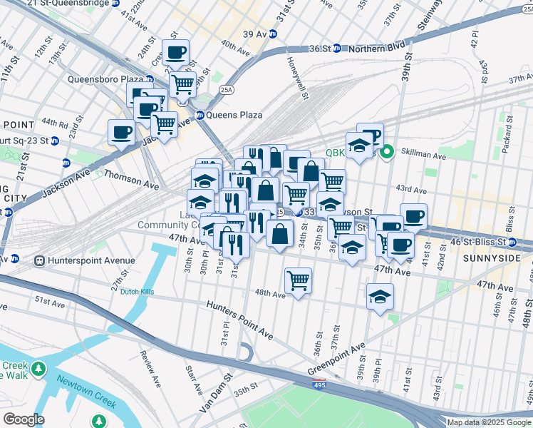 map of restaurants, bars, coffee shops, grocery stores, and more near 3202 Queens Boulevard in Queens