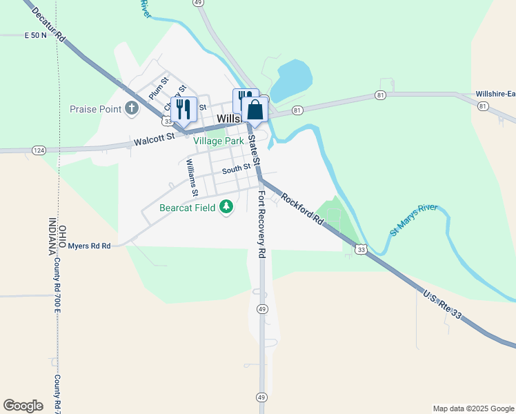 map of restaurants, bars, coffee shops, grocery stores, and more near 611 Ohio 49 in Willshire
