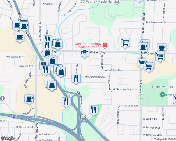 map of restaurants, bars, coffee shops, grocery stores, and more near 1909 West Marlene Avenue in Peoria