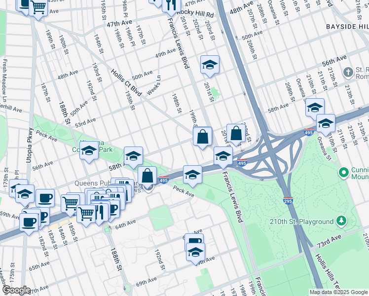 map of restaurants, bars, coffee shops, grocery stores, and more near 58-11 197th Street in Queens