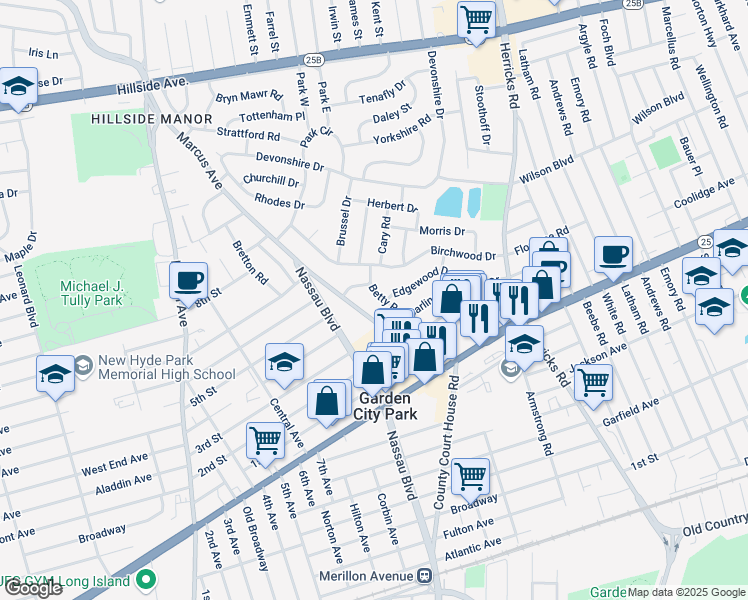 map of restaurants, bars, coffee shops, grocery stores, and more near 122 Betty Road in New Hyde Park