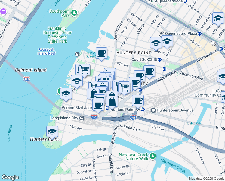 map of restaurants, bars, coffee shops, grocery stores, and more near 10-12 47th Road in Queens