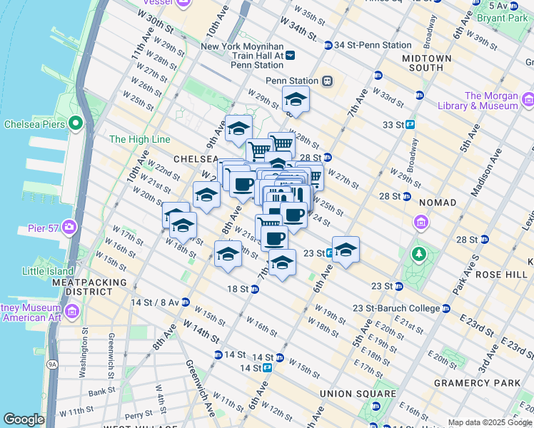 map of restaurants, bars, coffee shops, grocery stores, and more near 213 West 23rd Street in New York